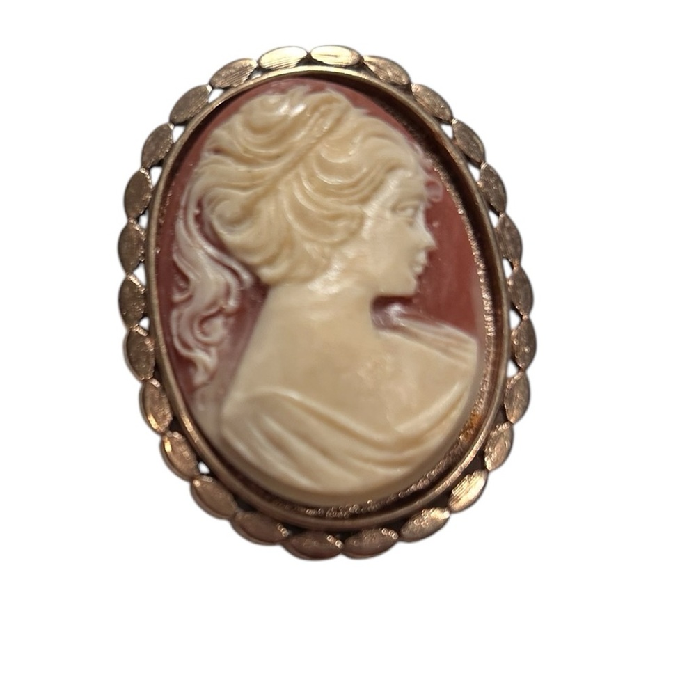 Vintage Cameo Oval Coral and Goldtone 3D Brooch